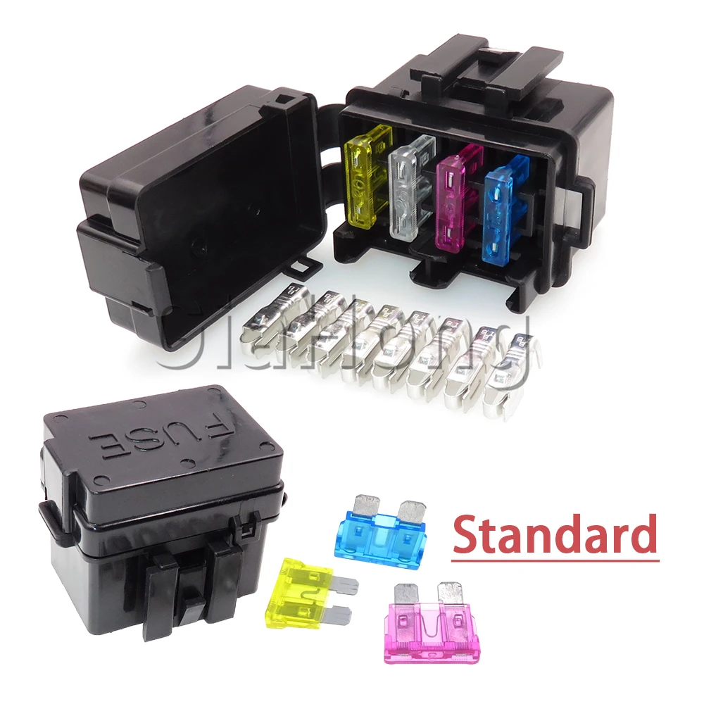 1 Set 4 Ways AC Assembly Medium Car Blade Type Plastic Housing Fuse Holder with Terminal Black Automotive Circuit Controller Box