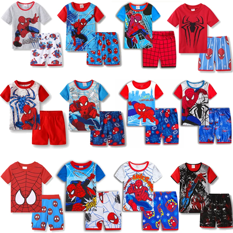 Children's Summer Pajamas Clothes Short Sleeve Spider Cartoon Suit 1-7 Years Baby Boys Girls Cotton Set Kids Pajamas Clothes