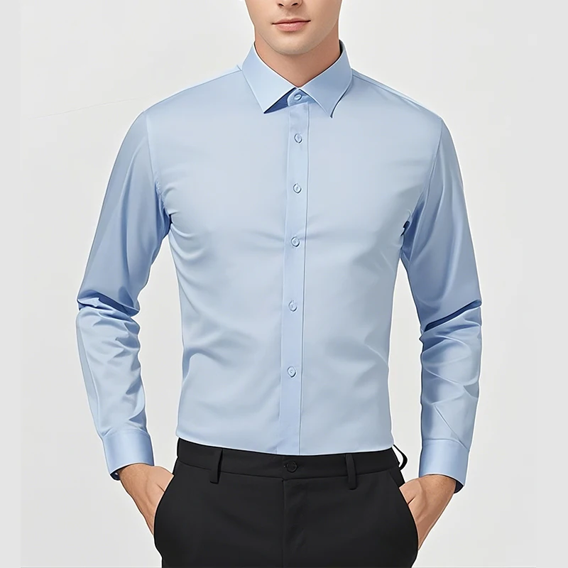 Men's Long Sleeve Solid Color Business Casual Shirts Spring Autumn Social Formal Wrinkle Free Slim Fit Male Stretch Plain Blouse