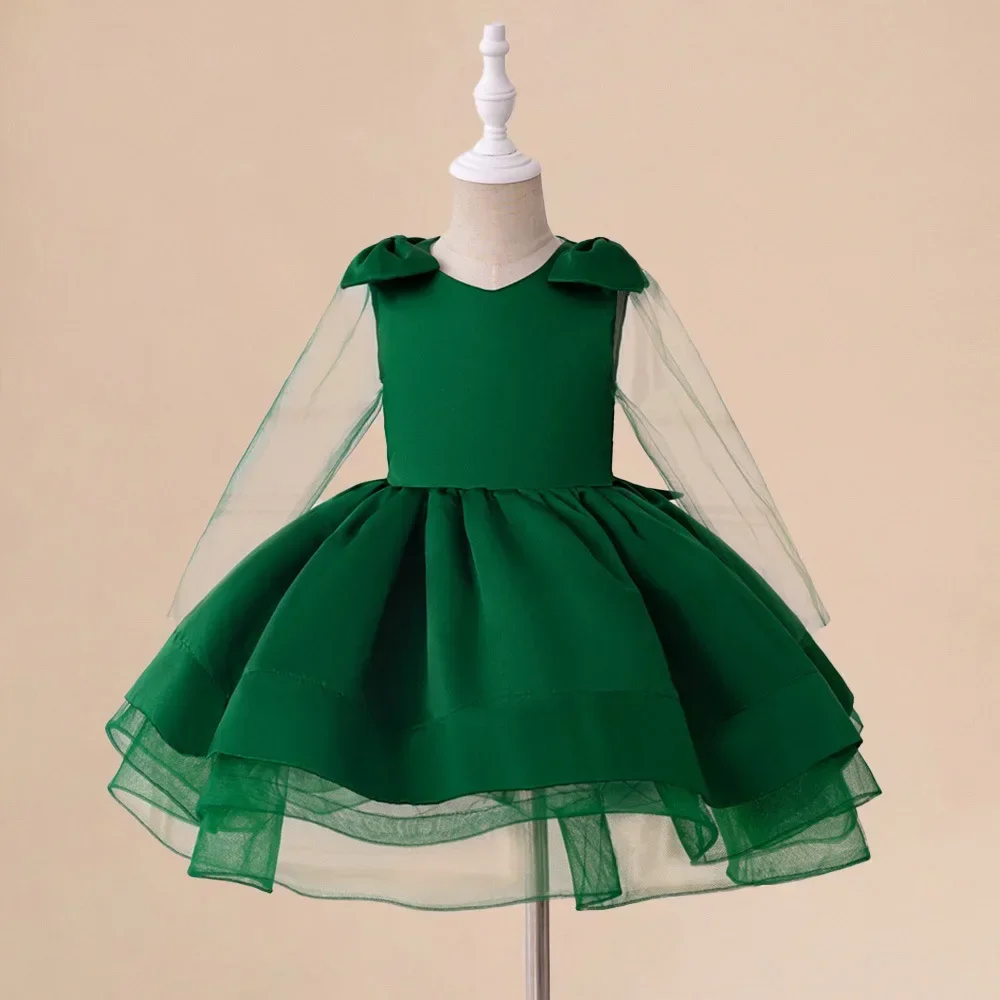 Elegant Girls Vintage Green Dress For Baby Toddler Bow Lace Costume Infant Formal Evening Prom Gown Girls Fashion Summer Clothes