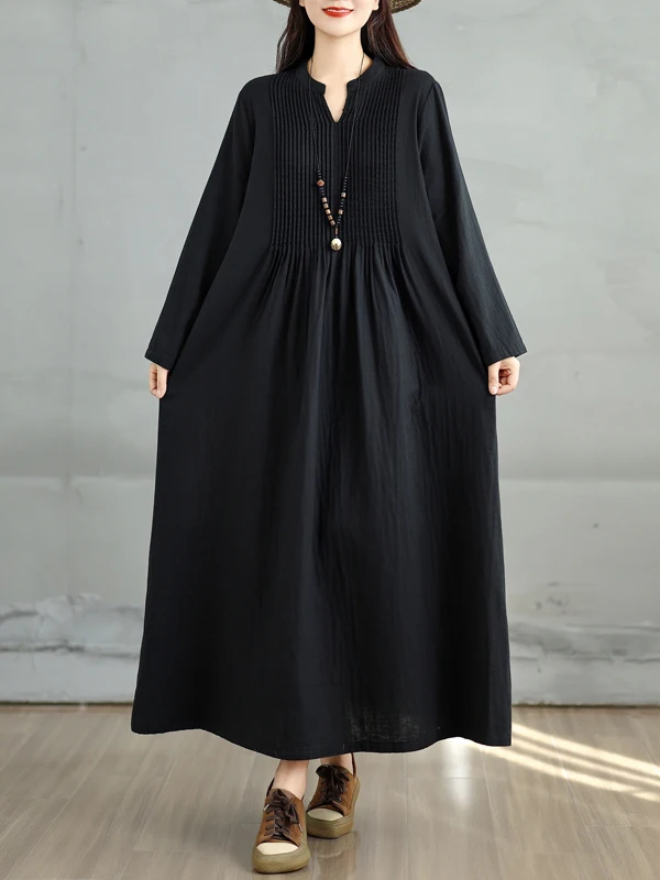 Vestido longo artístico retrô de manga crida para mulheres, outono, cintura alta, saia em linha A, dupla camada de gaze, c...