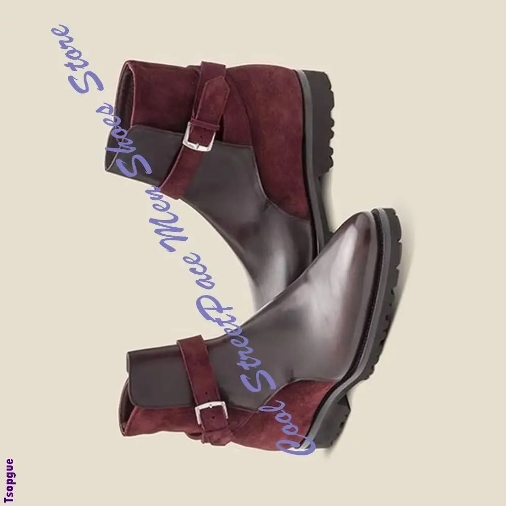 Suede Patch Polished Leather Monk Strap Chelsea Ankle Boots Handmade Pointed Toe Lug Sole Formal Casual Business Dress Footwear