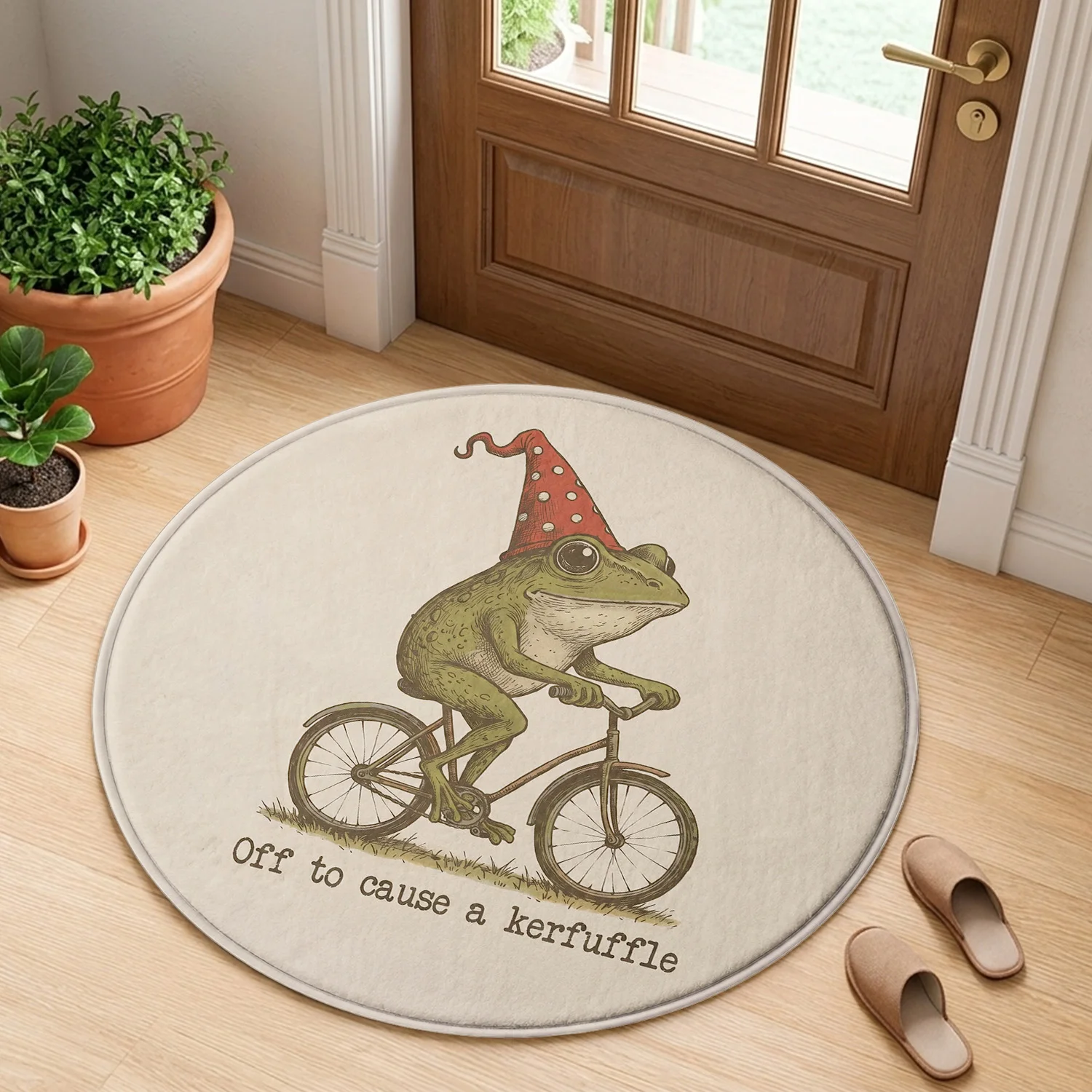 Off To Cause A Kerfuffle Funny Frog On Bicycle Party Hat Illustration Round Mat Area Rug Home Decor