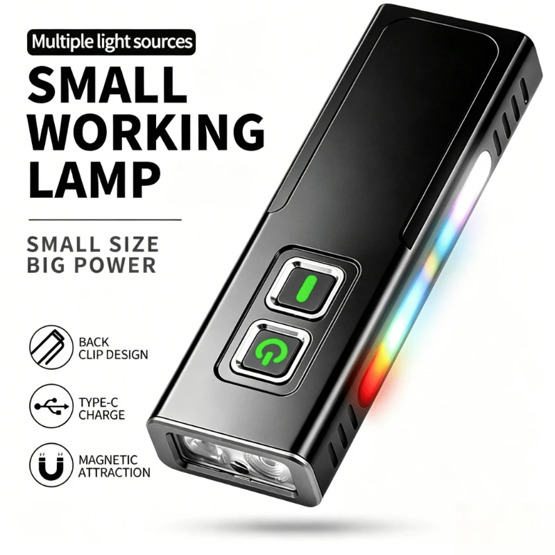 EDC MultiFunctional Flashlight with USB-C Charging 9-Level Dimming Torch with Red Laser Side RGB Magnetic Emergency Work Light