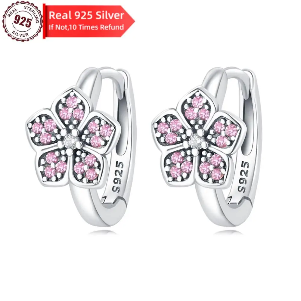 

PANPOKI Real 925 Sterling Silver Pink Zirconia Flower Petals Earrings Women Earrings Holiday Wedding Fine Girls Jewelry Gifts