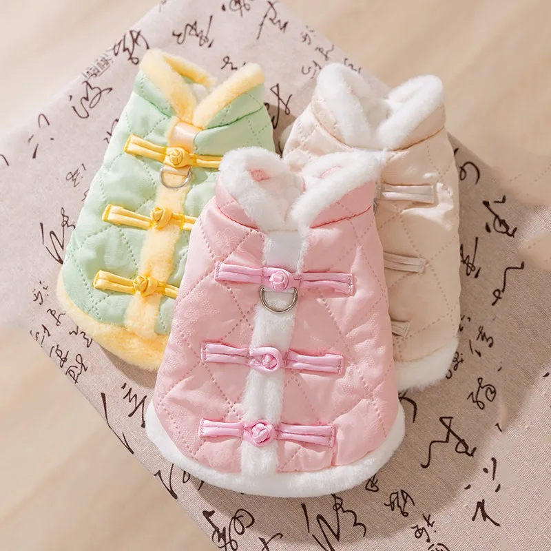 

Chinese Pet Tang Clothes Plate Buckle Puppy Warm Vest Winter Solid Color Down Jacket Teddy Two-legged Cotton Coat