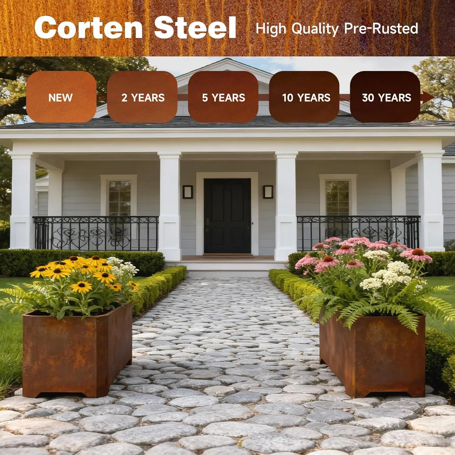 صندوق زراعة فولاذي من كورتن - 32 بوصة × 15 بوصة × 15 بوصة - مزارعات مستطيلة كبيرة للنباتات الخارجية، زارع طويل ريفي شديد التحمل مع مقاس مرتفع #4