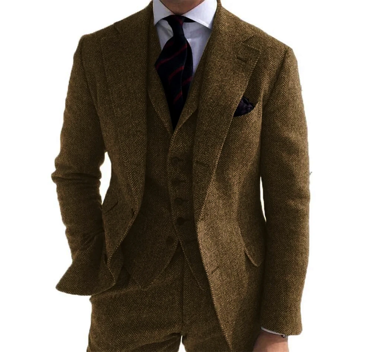 Abiti da uomo 3 pezzi smoking da sposo in Tweed con motivo a spina di pesce classico retrò in lana grigia per affari di nozze (Blazer + pantaloni +