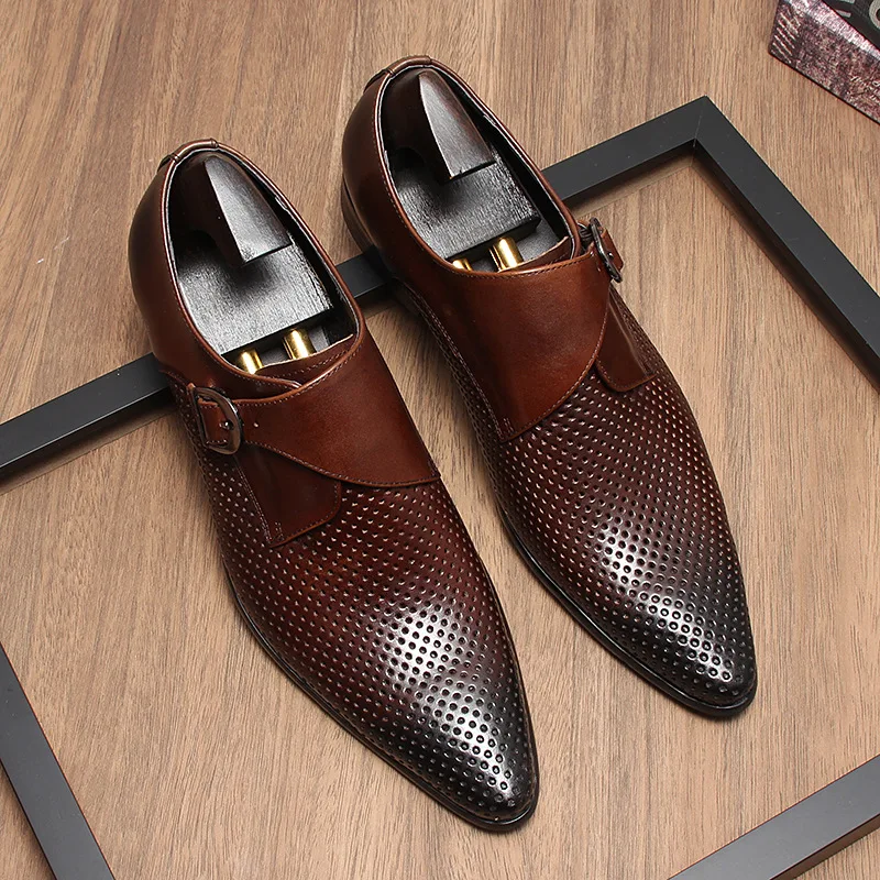 Men S Genuine Full Grain Leather Pointed Toe Breathable Cutout Summer Spring Business Formal Leather Shoes British Style
