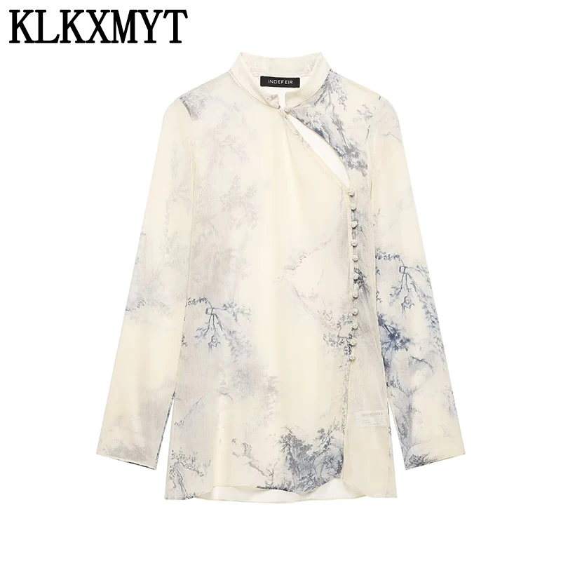 KLKXMYT Women's Fashion Print Button Shirt Summer Autumn Long Sleeve Semi-transparent Shirts Daily Commute Elegant Blouse Top