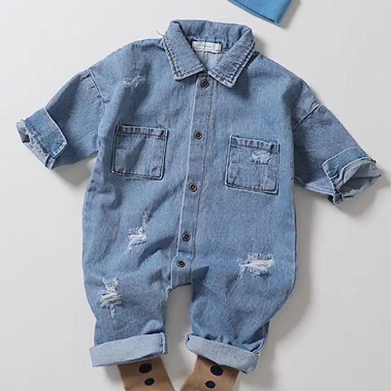 2025 Autumn New Baby Boy Long Sleeve Denim Romper Newborn Infant Girl Ripped Jeans Jumpsuit Cute Toddler Clothes 0-24M