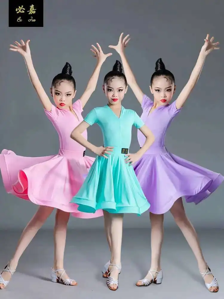 

Детский костюм для латинских танцев, танцевальный костюм для девочек, детский тренировочный костюм для девочек, латинский танец с короткими рукавами