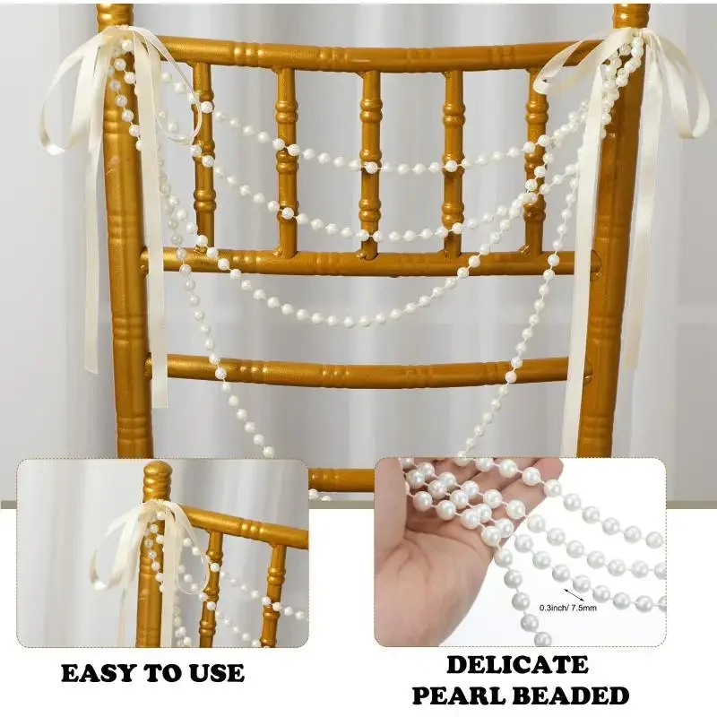 

Wedding Pearl Bow Chair Decor 50Pcs Satin Ribbon Lace Bows Beaded Garland Chair Sashes For Party Aisle Banquet Event Supplies ﻿
