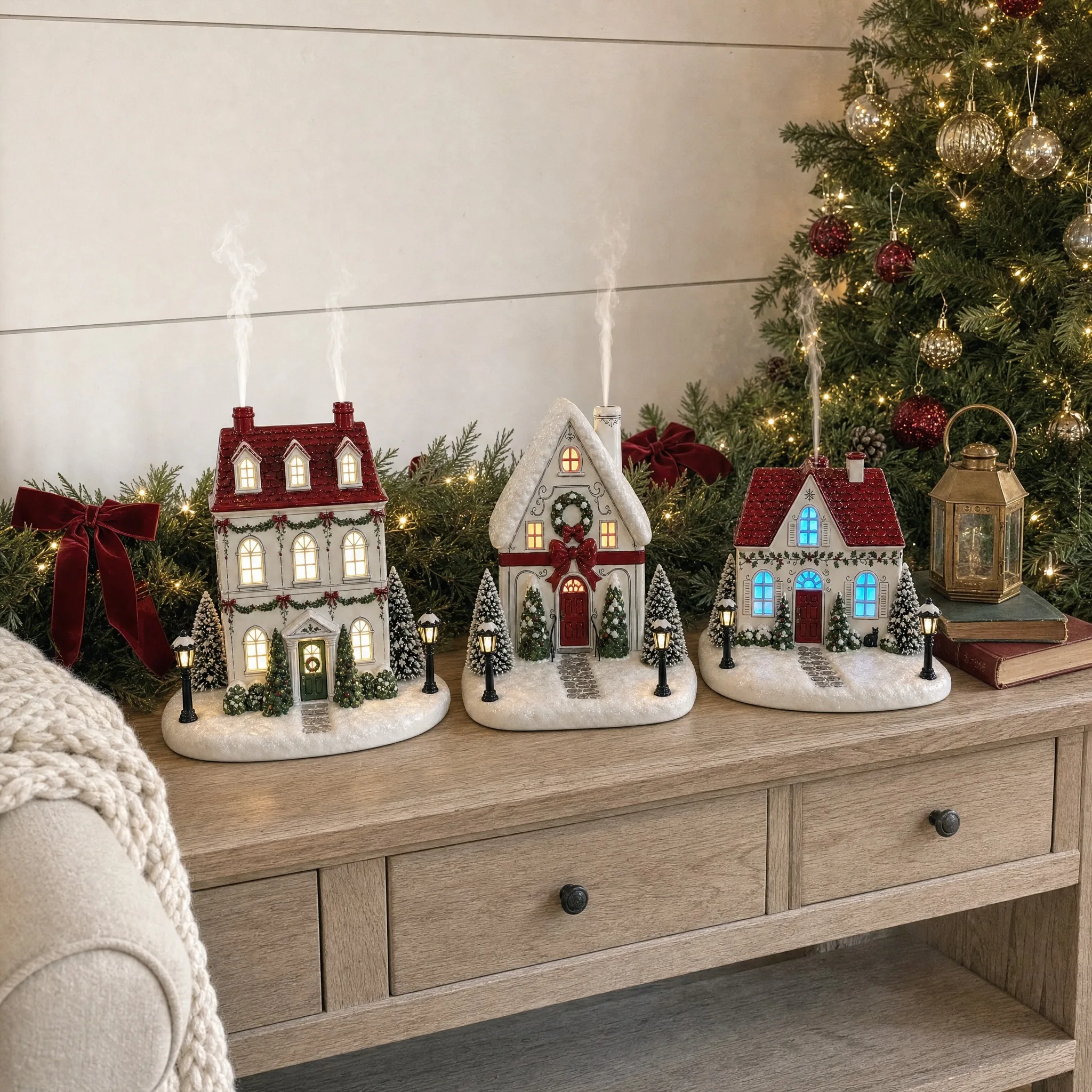 Christmas Village House Aroma Diffuser Lighted Resin Cottage Chimney Mist Glowing Windows Essential Oil Humidifier Gift