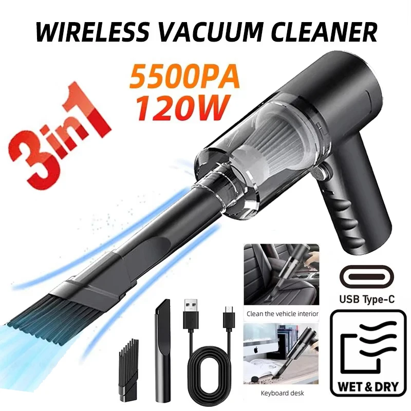 Aspirador inalámbrico 3 en 1 de doble uso para el hogar y el coche Aspirador potente de alta potencia de 120 W Negro