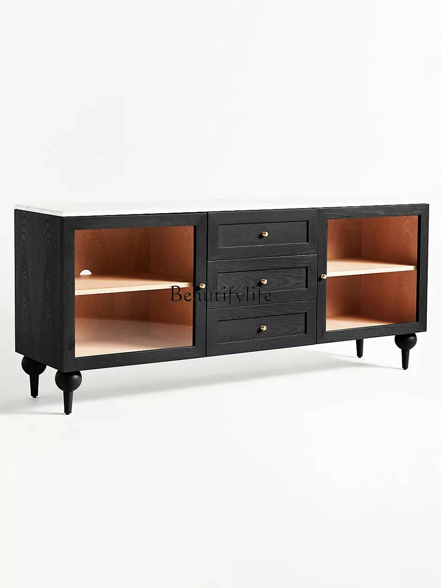 French retro TV cabinet entrance entrance locker solid wood marble edge cabinet