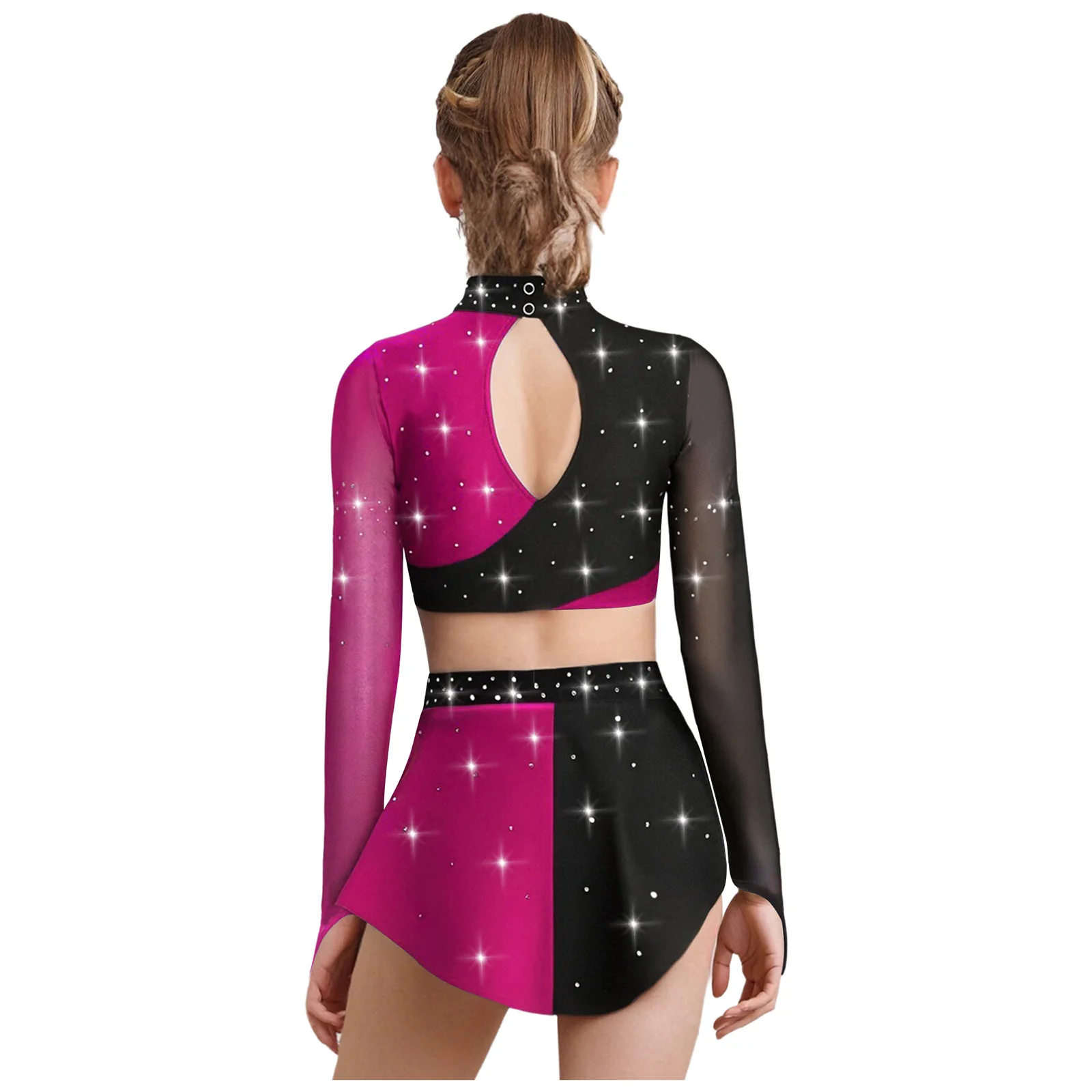 أطفال بنات لامعة الراين الجمباز الشكل التزلج الباليه الرقص الغنائي ملابس المحاصيل الأعلى مع التنانير أداء زي #2