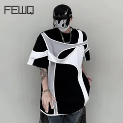 FEWQ Men's T-shirt Design Contrast Deconstructed Shoulder Pad Short Sleeve 2024 Contrast Color Darkwear Male Tops Fashion