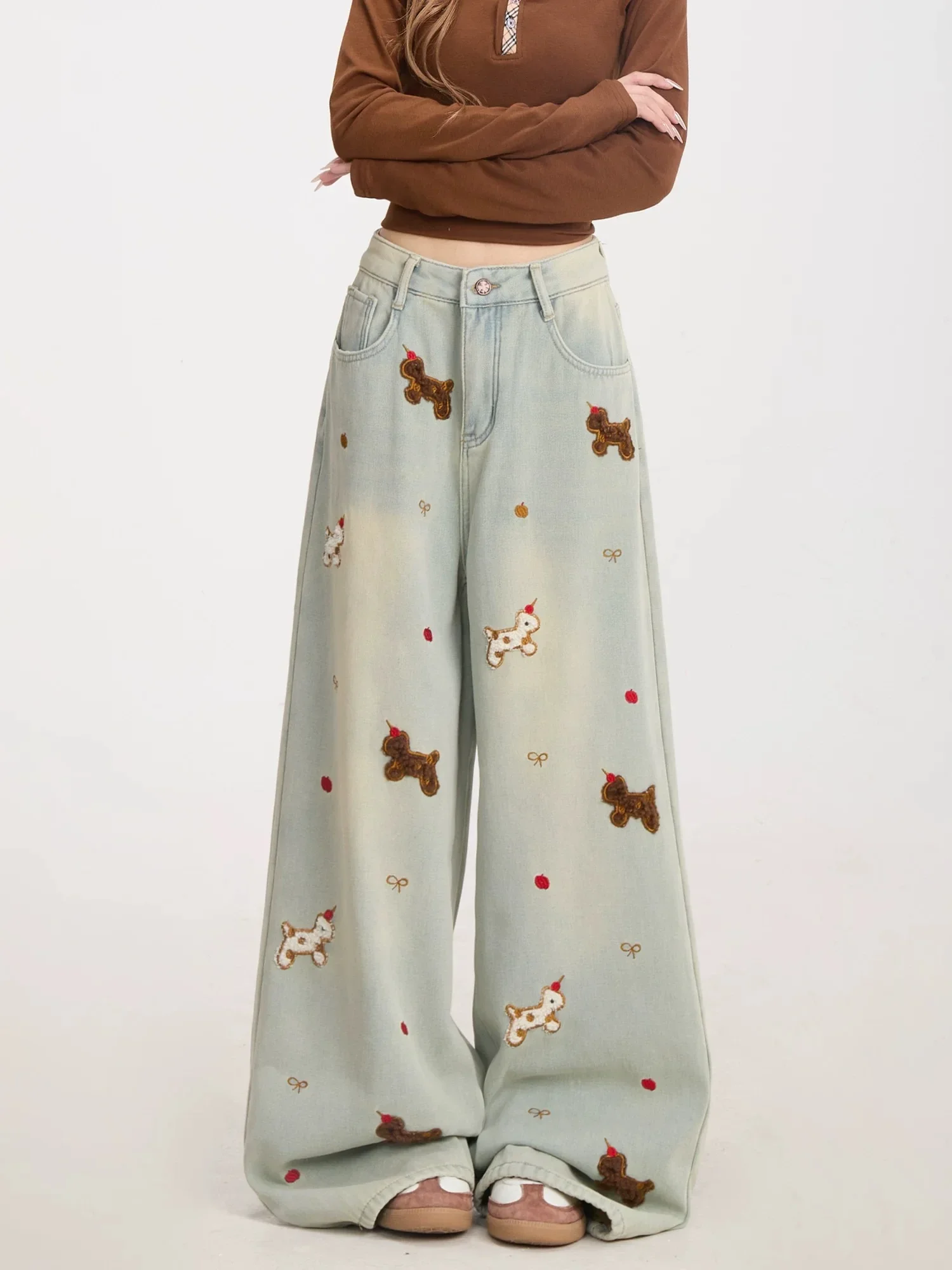 

Y2K Dog Embroidered Jeans Women Retro Lazy Washed Early Spring Loose Straight Leg Wide Leg Pants