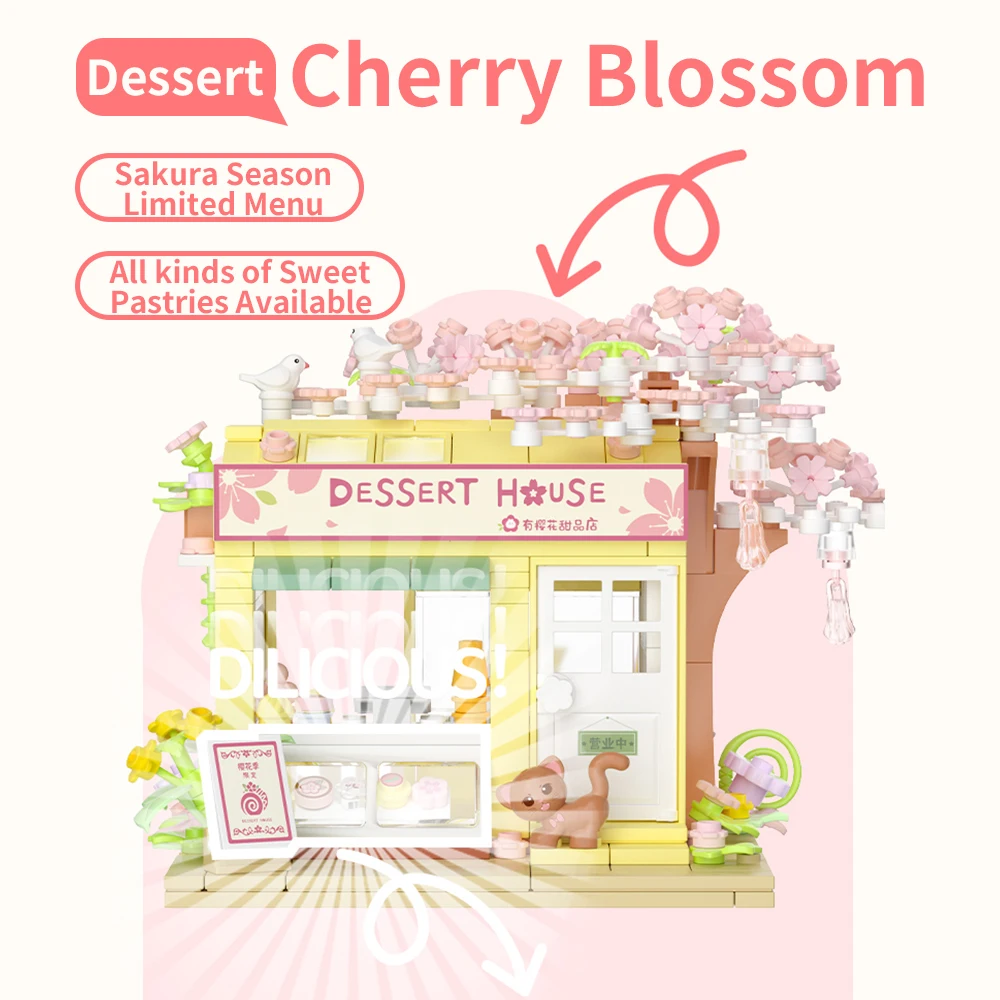 

Cherry Blossom Dessert House Building Blocks Sakura Flower Pink Tree City Street View Bricks DIY Model Toys For Kid Gift