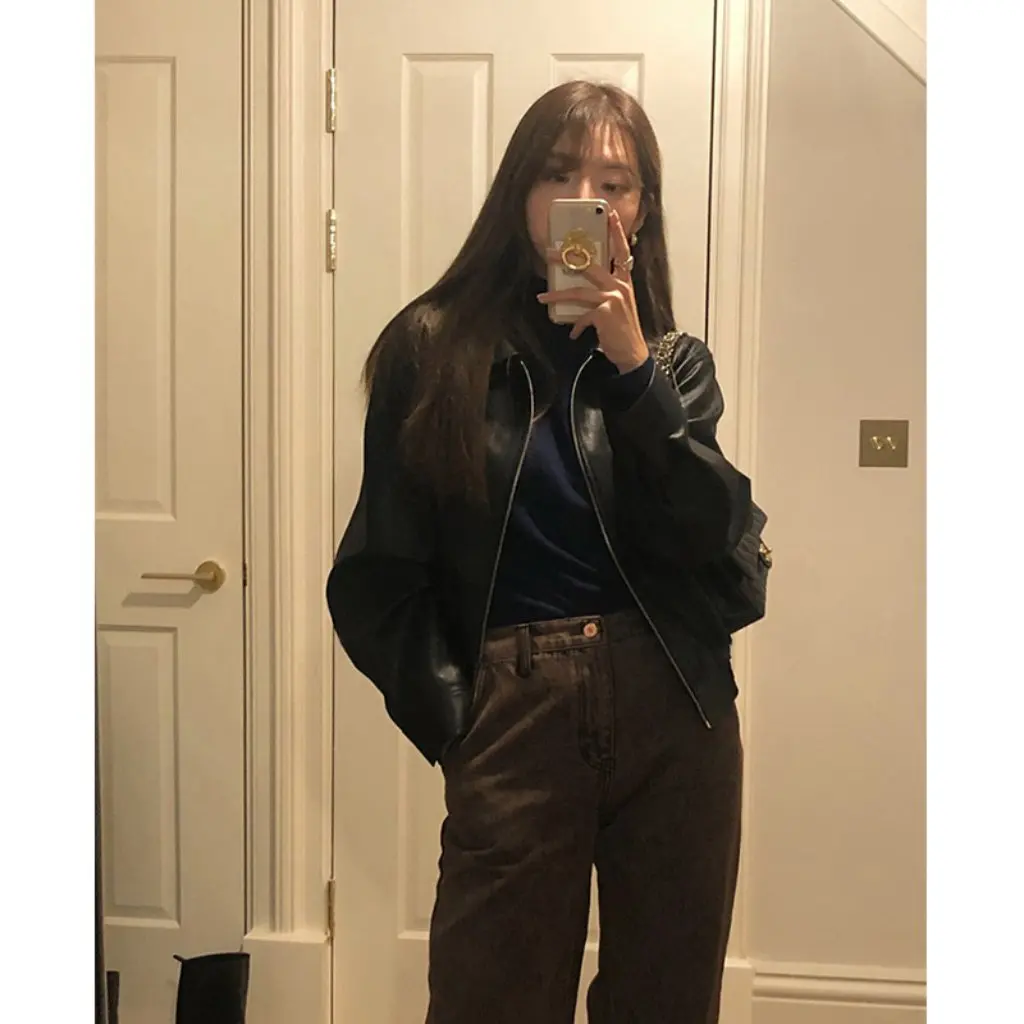 

Korean Dongdaemun Spring Washed Lychee Leather Short Jacket Loose Slimming Motorcycle Look Women's Outerwear