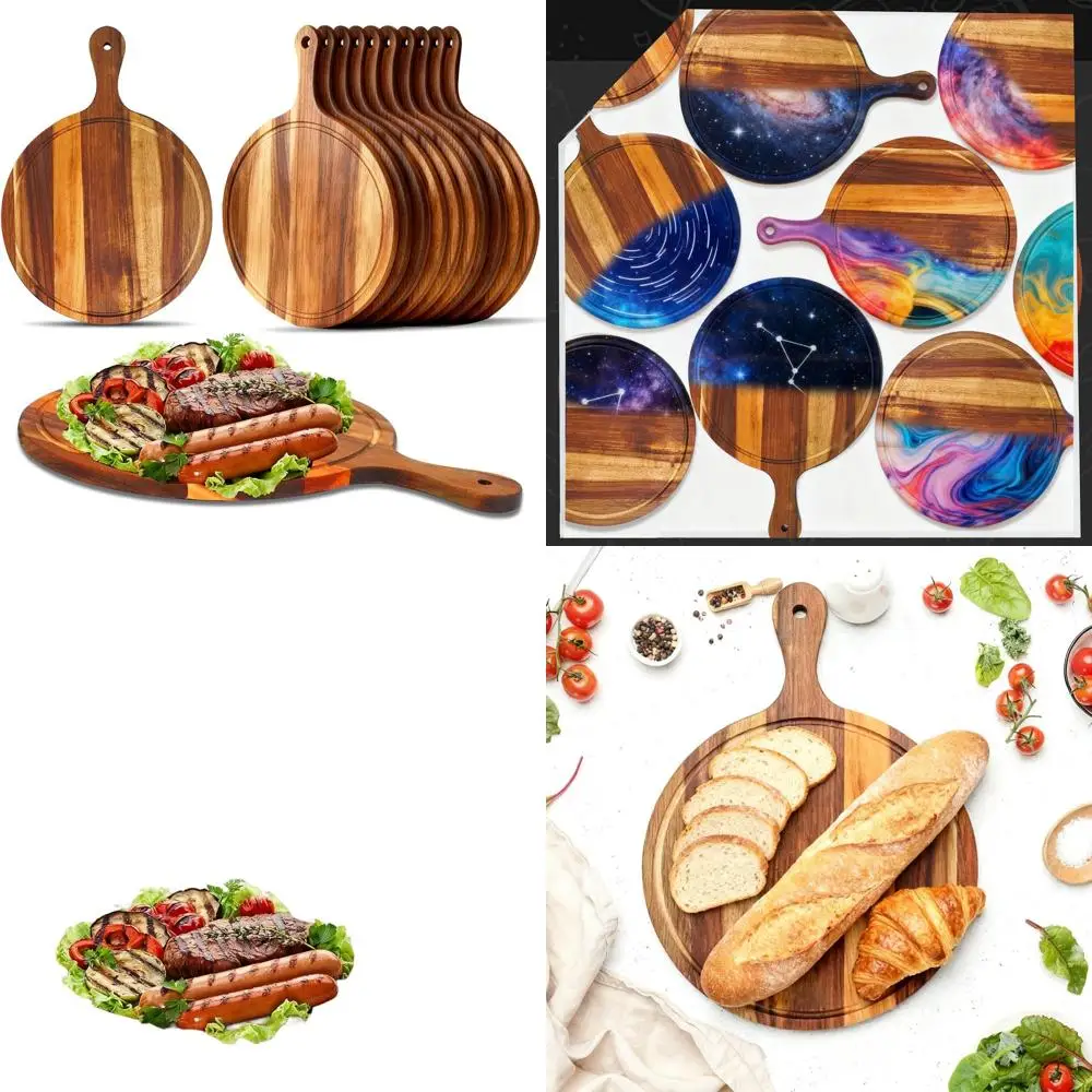 

Set of 12 Acacia Wood Round Cutting Boards with Handle, Serving Trays for Kitchen Use