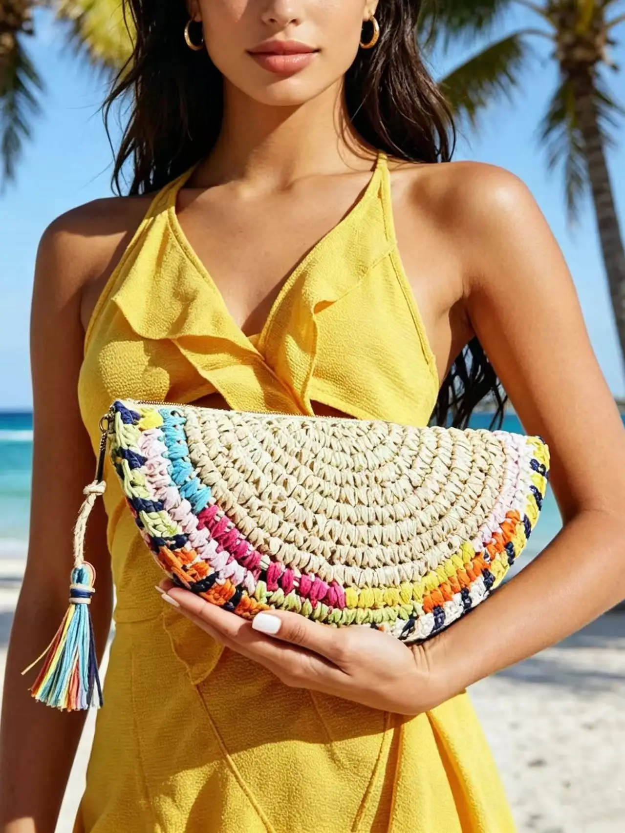 2026 European & American Cross-Border Summer Bohemian Colorful Handmade Straw Clutch Bag, Tassel Decor Envelope Bag, Versatile W