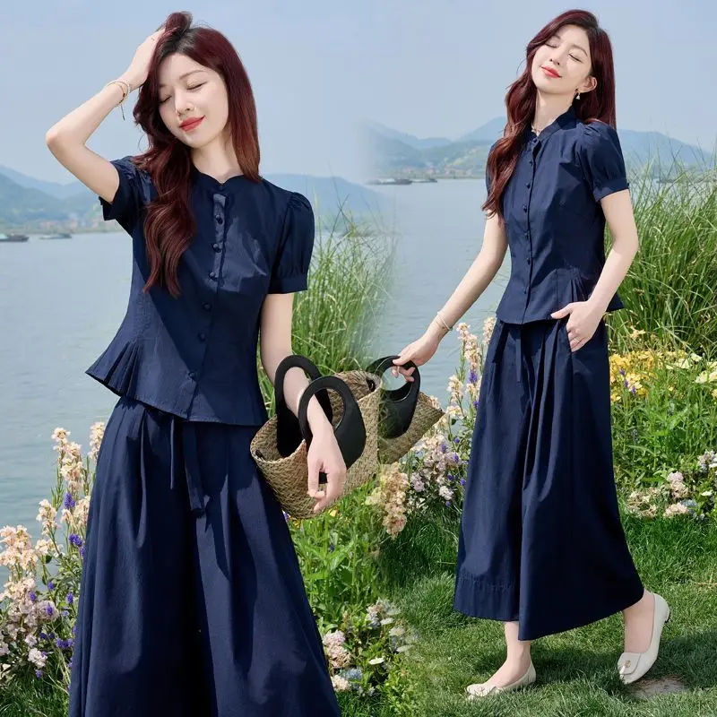 Fashion Casual Chic Shirt Wide Leg Pants Set Women plus Size Slimming Two Piece Suit Summer New Style Big Code MM Ensemble