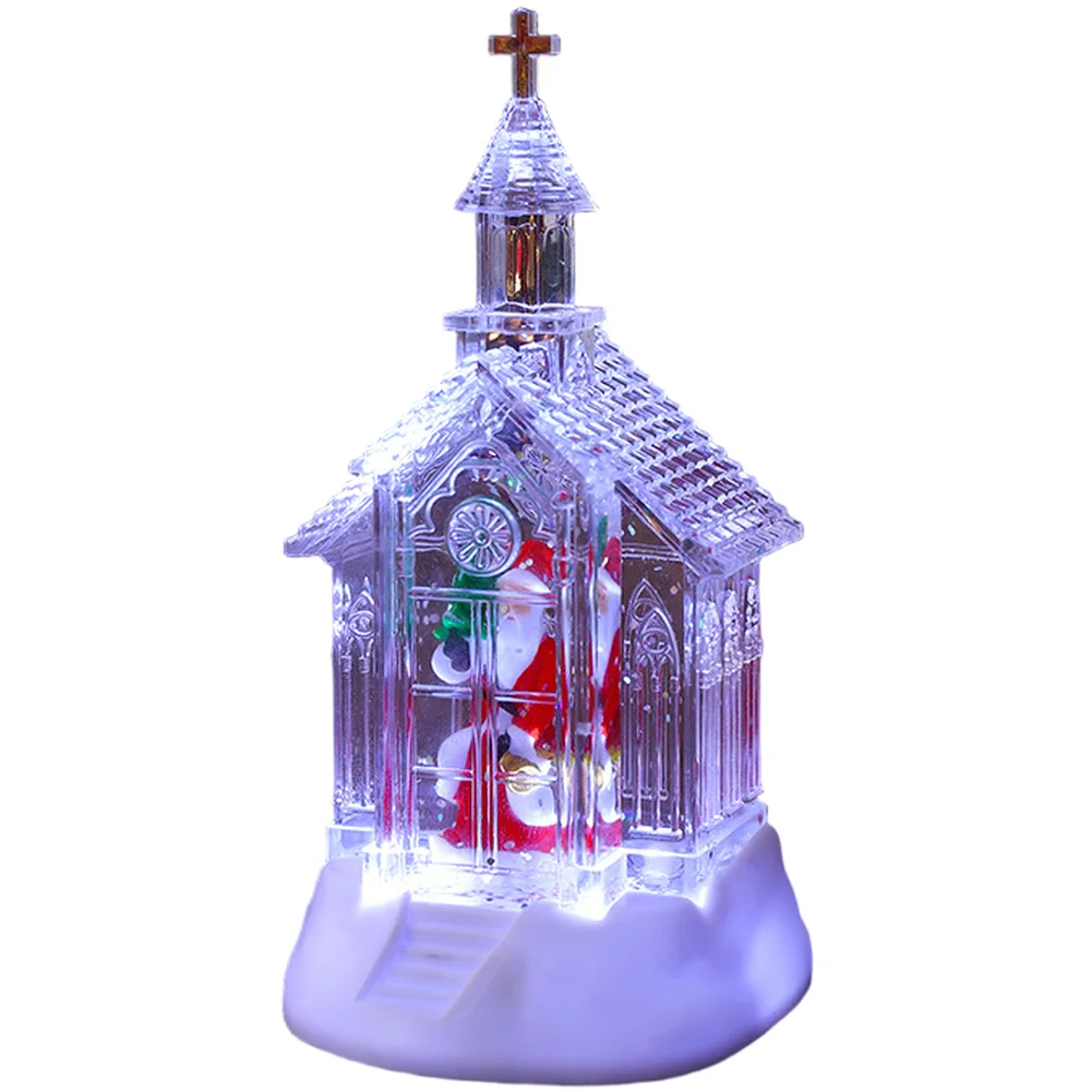 

Desktop Falling Snow Lamp with Transparent Church and Warm Glow Santa Snowman Tree Decorations for Seasonal Decoration