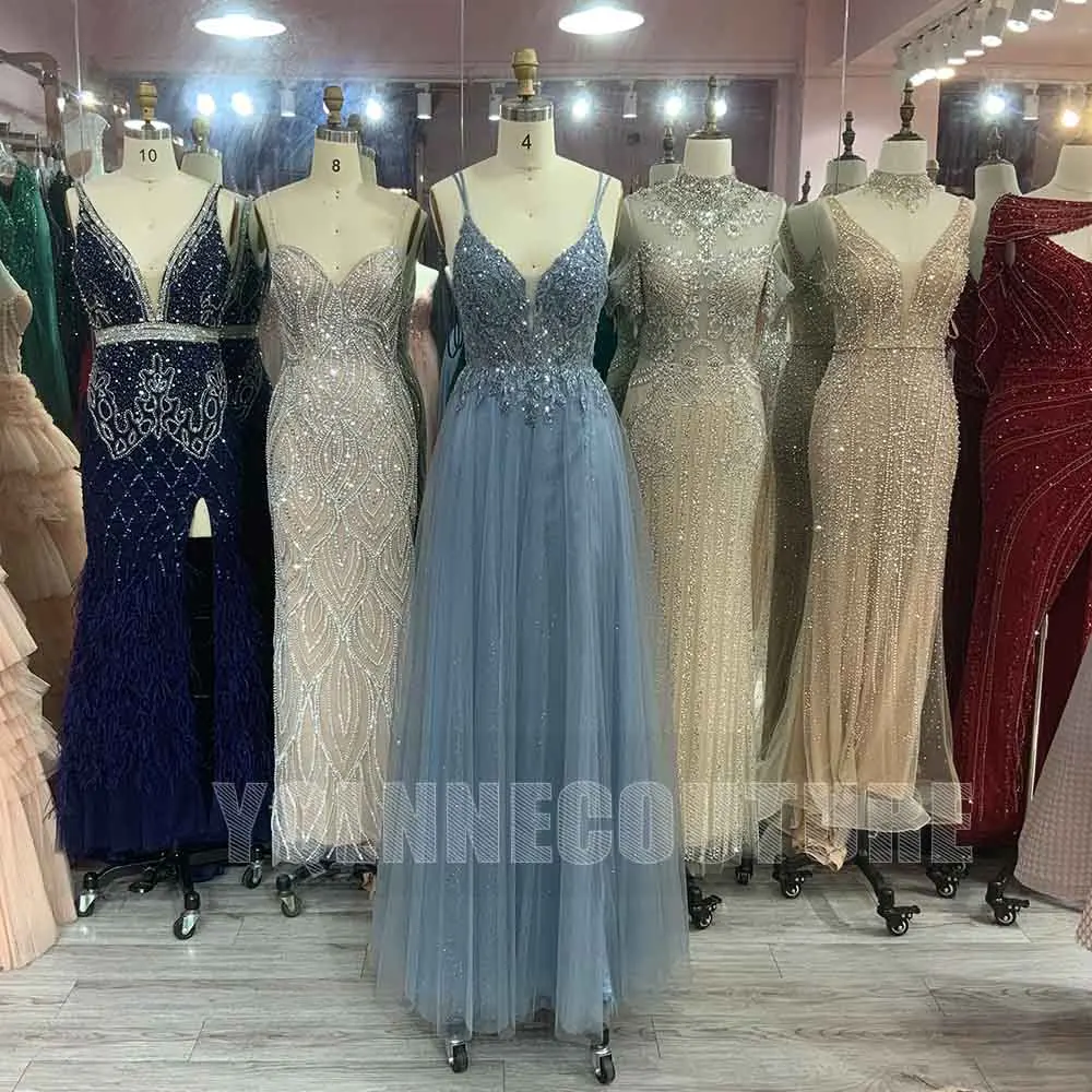 Dusty Blue Beading Long Prom Dresses Gala Straps Tulle Backless Formal Evening Party Gown Robe De Soiree