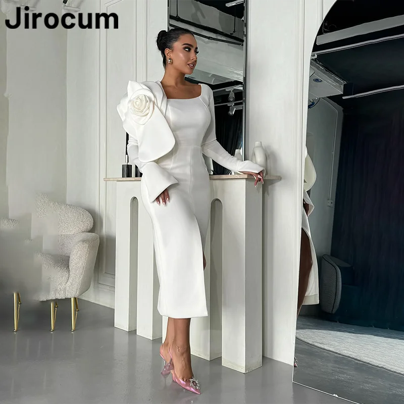 

Jirocum Elegant Ivory Prom Dress Women's Square Neck Long Sleeve 3D Flower Party Evening Dresses Tea Long Formal Occasion Gowns