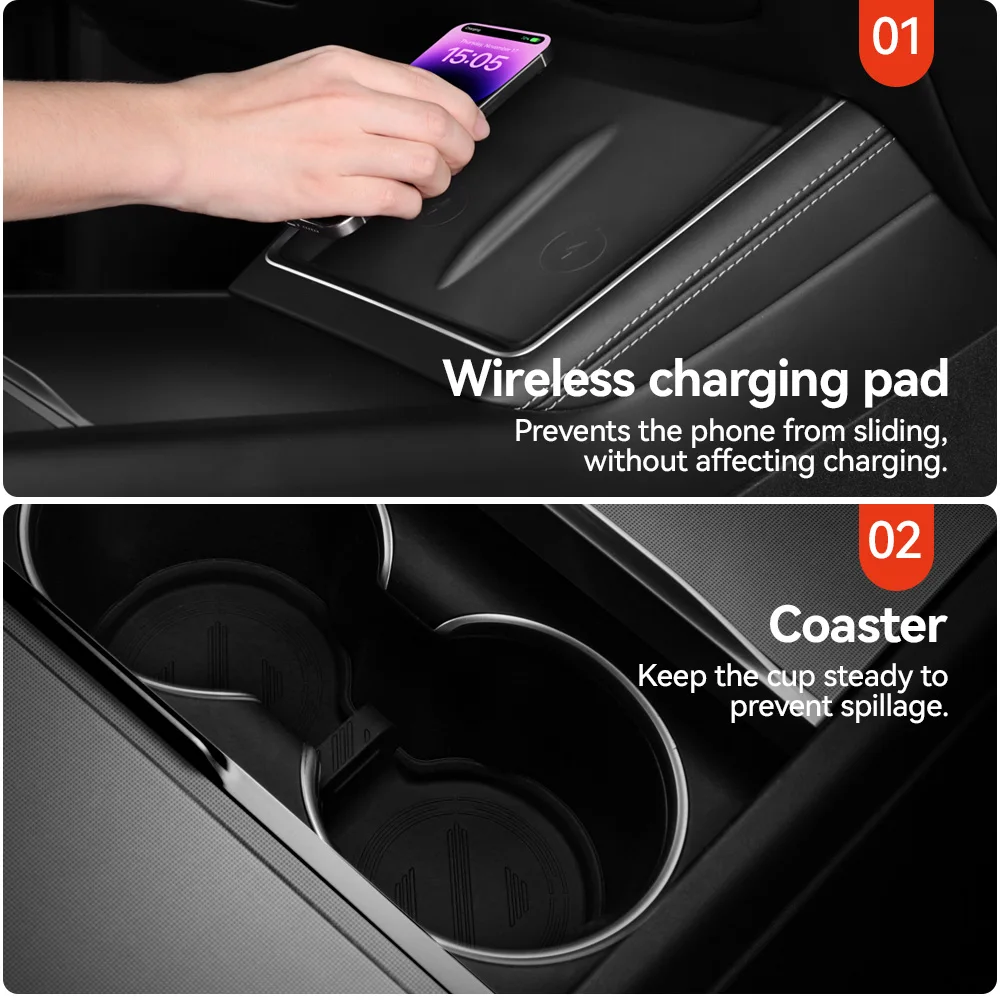 YZ For Tesla 2025 Model Y Juniper Model 3 Highland Console & Armrest Storage Box Upper and Lower ABS with Silicone Non-slip Mat