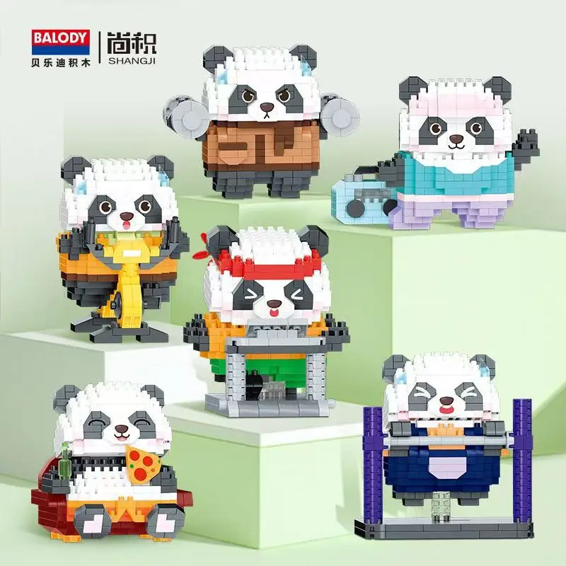 

6pcs/set Balody Fitness Panda Outing Panda Micro Building Blocks DIY assemble 3D Model Mini Brick Figure Toy Gift For Kid