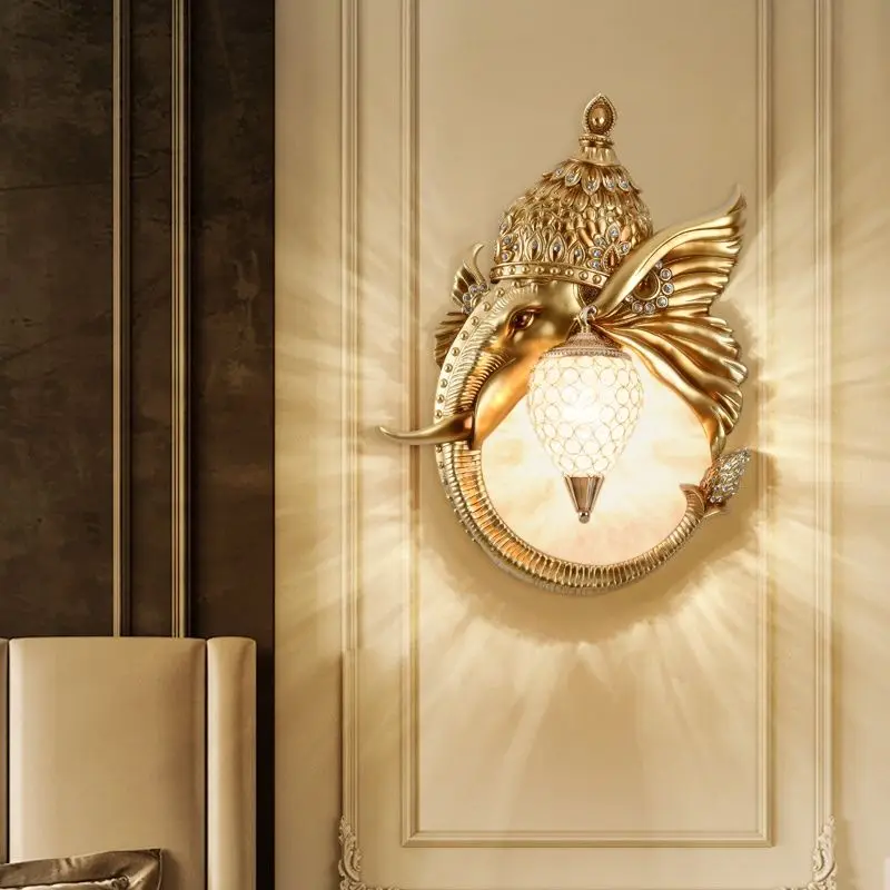 Lucky elephant wall lamp American retro animal head wall light decor living room background wall study room Bedroom Bedside lamp