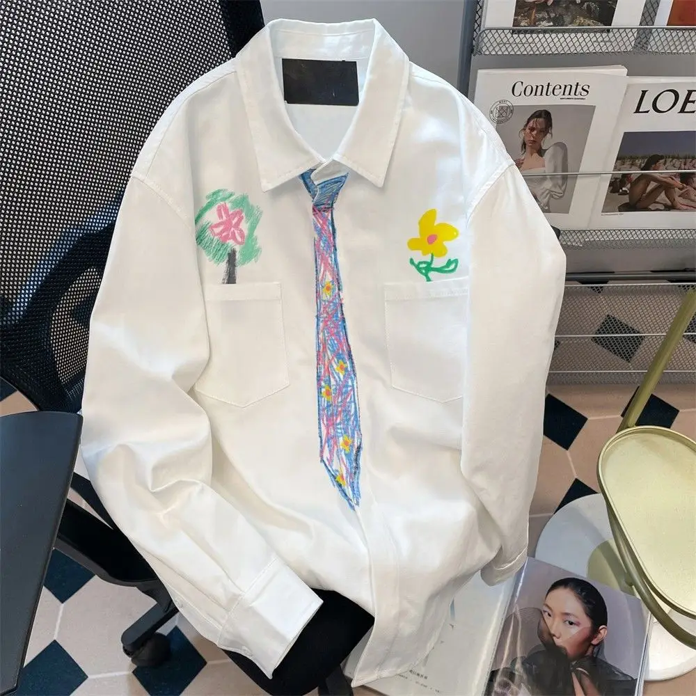 

Personalized Graffiti Hand Drawn Tie Shirts Harajuku Men Couples Baggy Oversize Long Sleeve White Shirts Long Sleeve Polo Collar