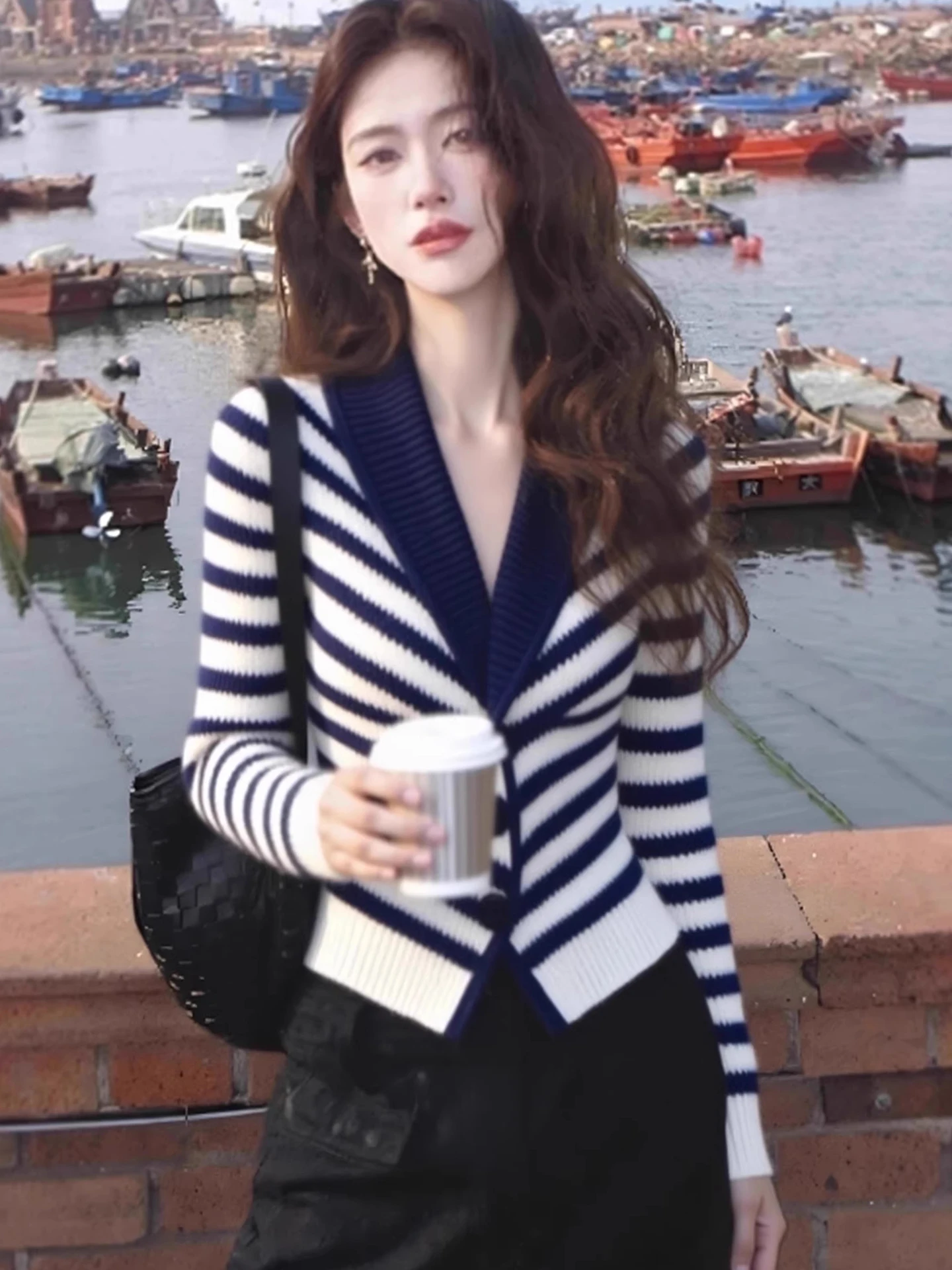 

Ele Long Sve Knitted Sweater Base Layer Top Trendy Simple Design Women's Faion Autumn Wear V-Ne Button Detail