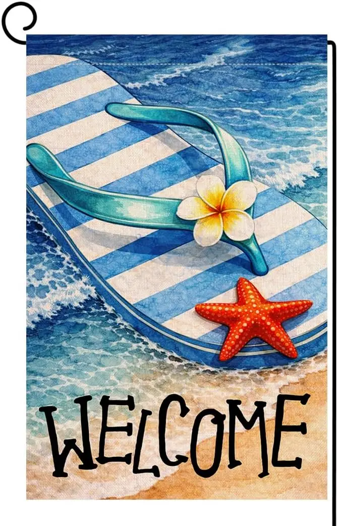 BLKWHT Summer Beach Flip-flop Garden Flag 12x18 Vertical Double Sided Welcome Seasonal Holiday Outside Decorations Burlap Ya AAS