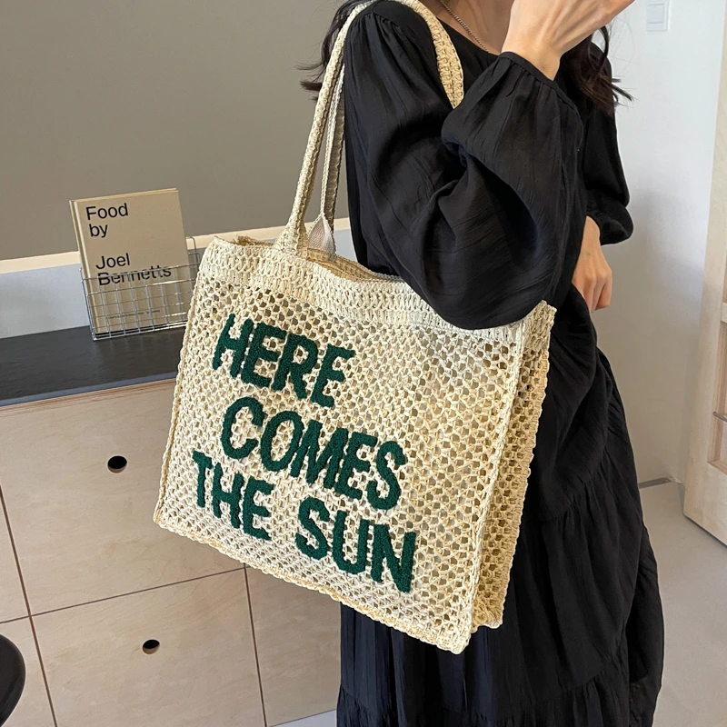 LEFTSIDE Summer Letter Design Women Weave Straw Shoulder Bag 2024 Big Beach Tote Bags Handmade Lady High-capacity Handbag