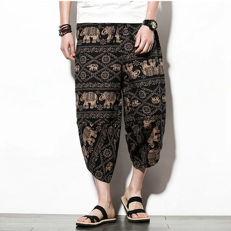 

Vintage Print Loose Casual Capris Men's Seven-Foot Pants Comfortable Loose Fit Spor Sle Anti-Wrinkle Easy Care