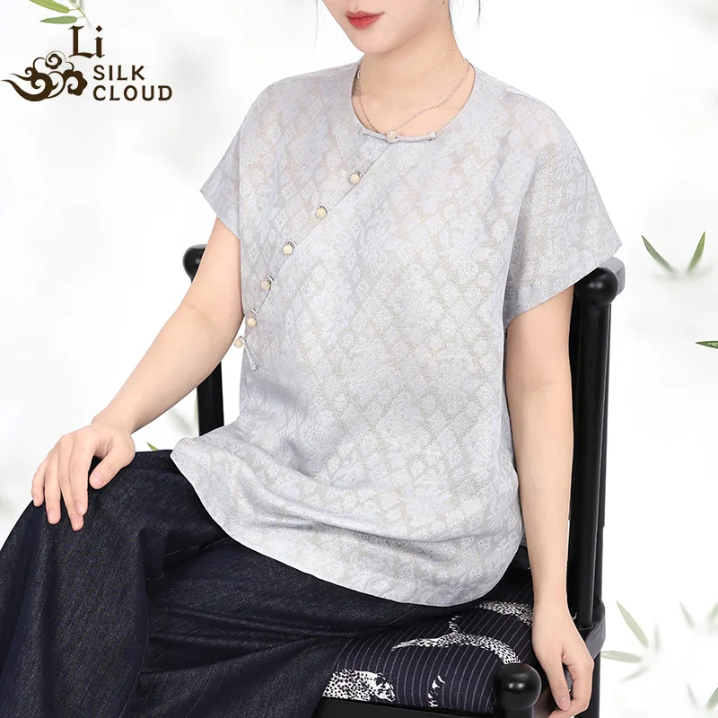 LI SILK CLOUD xiangyunsha Stand-Collar Short Sleeve Top Ancient Style Oriental Patterns Guangdong Black Pearl  Guangdong Gauze
