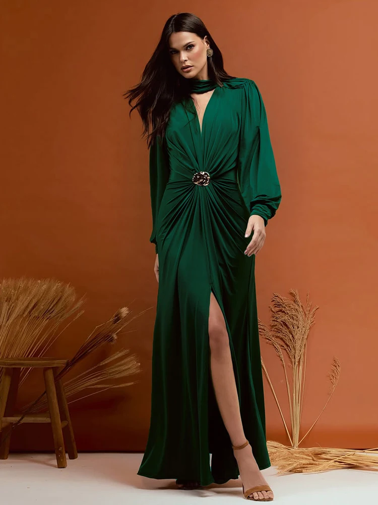 kliou Abiti lunghi da donna con spacco alto Classico sexy scollo a V profondo collo alto giuntura in metallo abiti dritti femminile elegante aderente