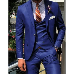 Blue Double Breasted Lapel Male Suit 3 Pieces (Jacket+Pants+Vest) Business Casual Wedding Party modern Men's Suits For Weddings