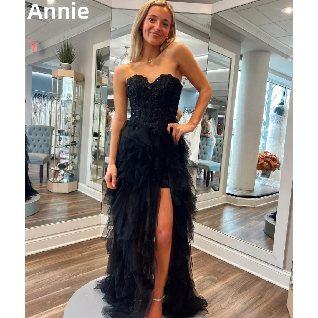 

Annie Black Embroidery Prom Dress Sexy Strapless Tulle Evening Dresses Wedding Dress Formal Occasions Dresses Vestidos De Noche