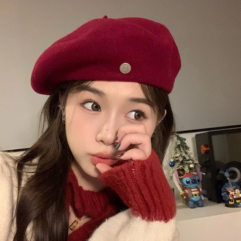 Retro French Style Y2K Wool Beret with Satin Lining for Women, Autumn Button Beanie Hat