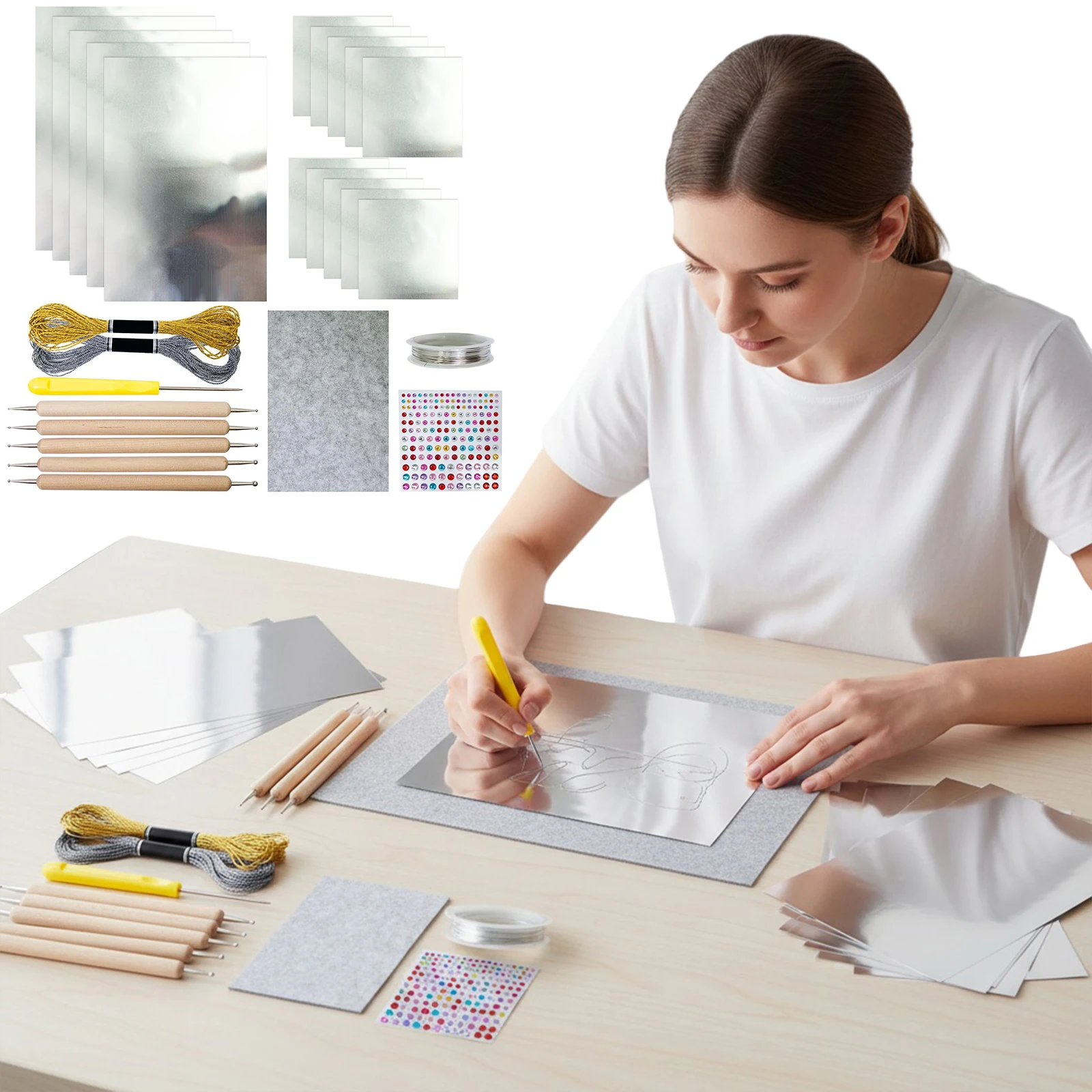 

15Pcs Foil Sheets with Carving Tools Awl Stickers Metal Thread Foil Embossed Craft Set for DIY Decor Painting