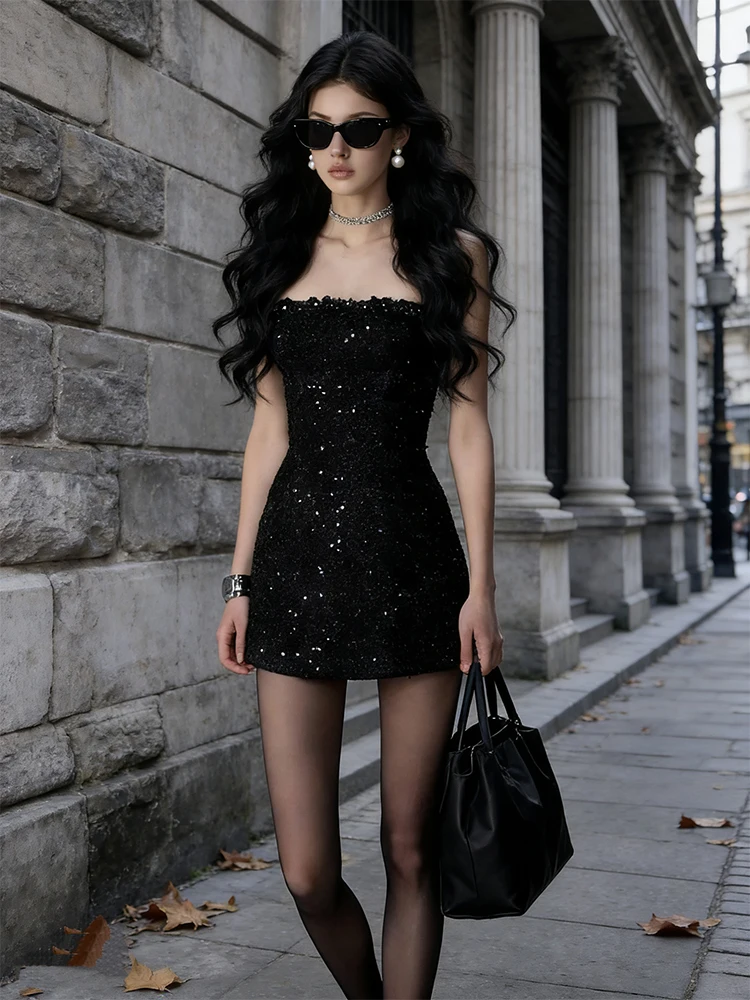 

Sequin Bridesmaid Dress Women's Elegant Evening Gown Birthday Party Formal Wear Short A-Line Skirt No Sleeve
