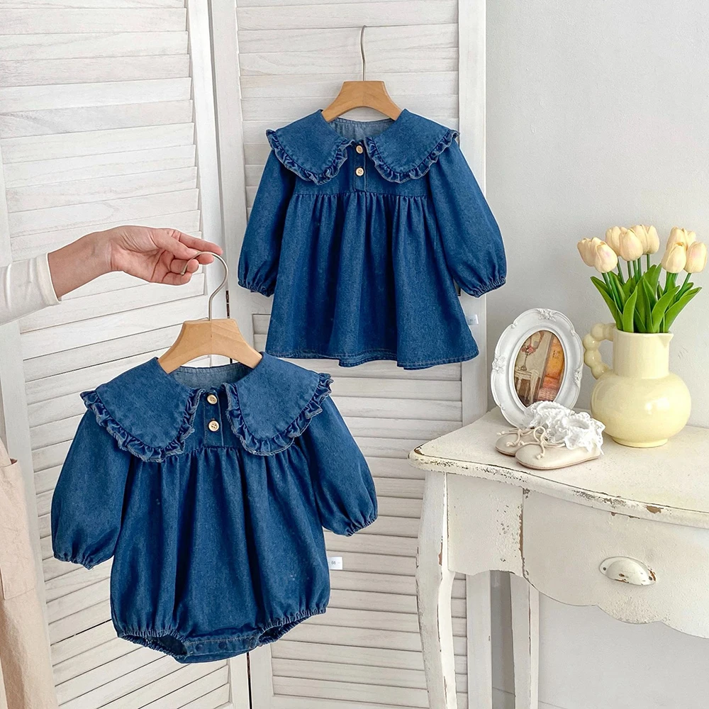 2025 Spring New Baby Girls Clothes Denim Bodysuit Peter Pan Collar Baby Girls One Piece