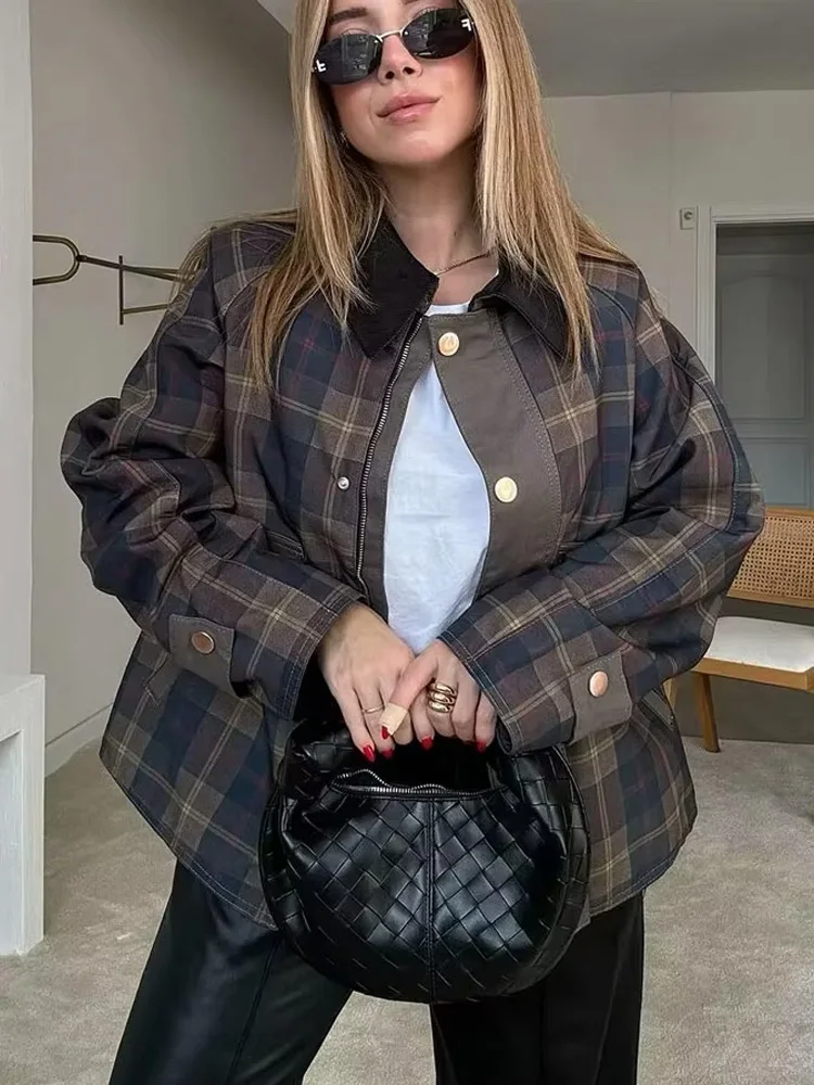 

HH Women's New Fashion Retro Long Sleeve Lapel Zipper Plaid Coat Female Commuting Versatile Stitching Contrast Color Jacket