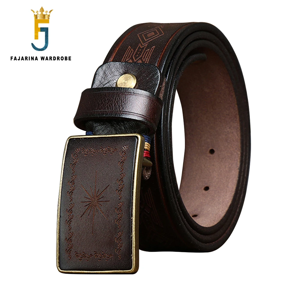 FAJARINA Top Quality Cow Skin Retro Belt for Men Laser Engraved Pattern Handmake Unique Design Brass Buckle Belts 38mm N17FJ1232