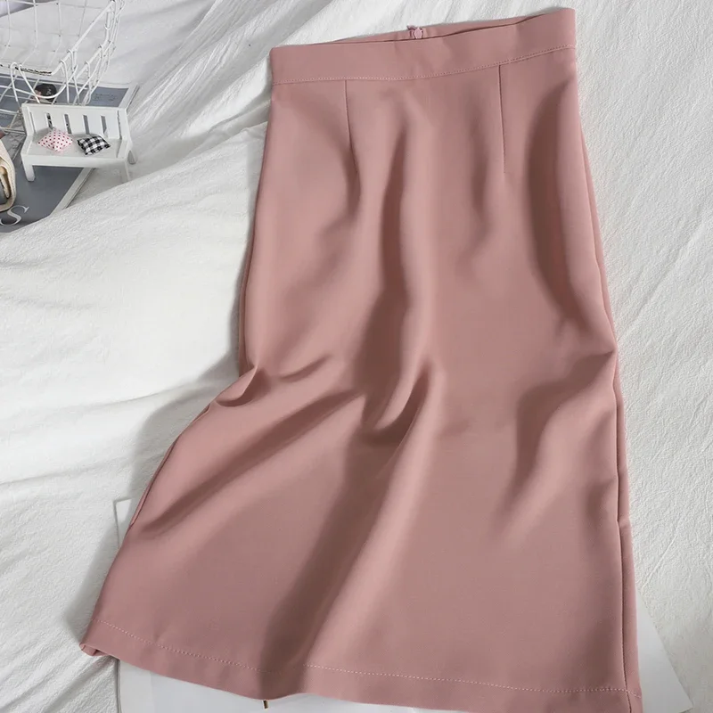 

Women High Waist Solid Color Bodycon Skirt Slim Split A-Line Simple Mid-length Skirt Korean Style Elegant Back One-step Skirts